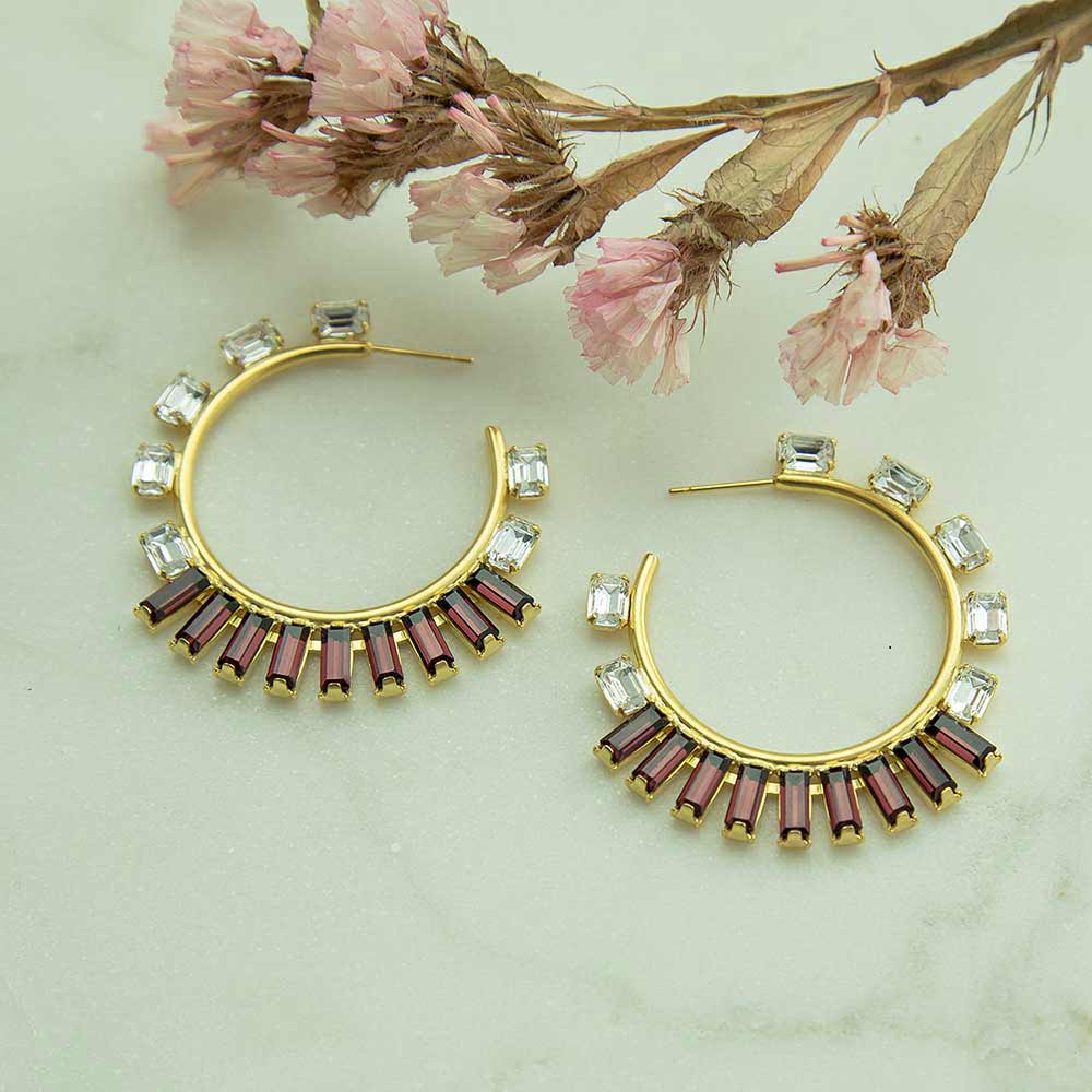 alt="E.B. Jewelry Studio Women's Gold Clear and Red Swarovski Crystal Hoop Jewelry Earrings"