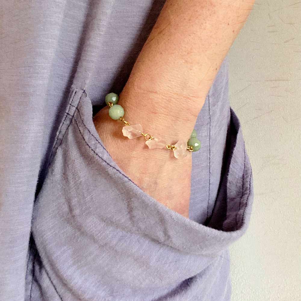 alt="E.B. Jewelry Studio Women's Handcrafted Vintage Gold Jade + Rose Quartz Gemstone Linked Jewelry Bracelet"