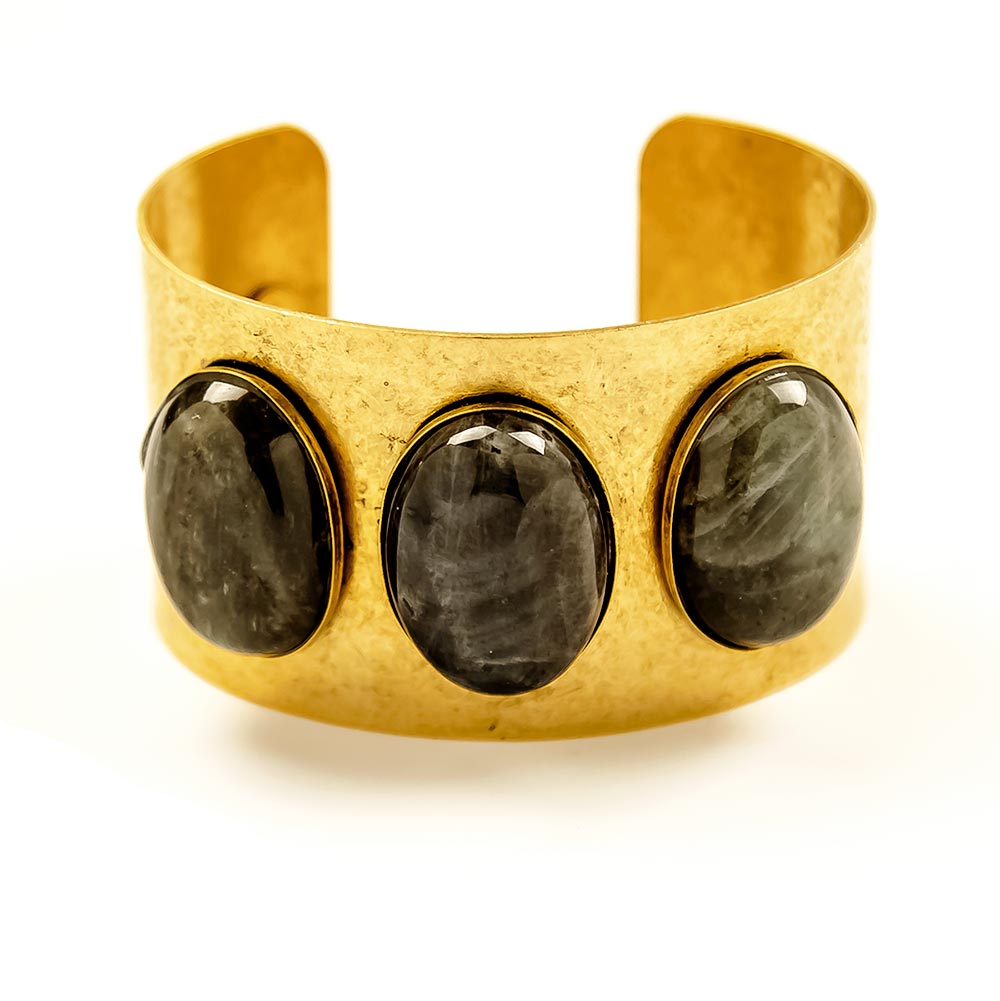 alt="Labradorite Gemstone Gold Cuff Bracelet"