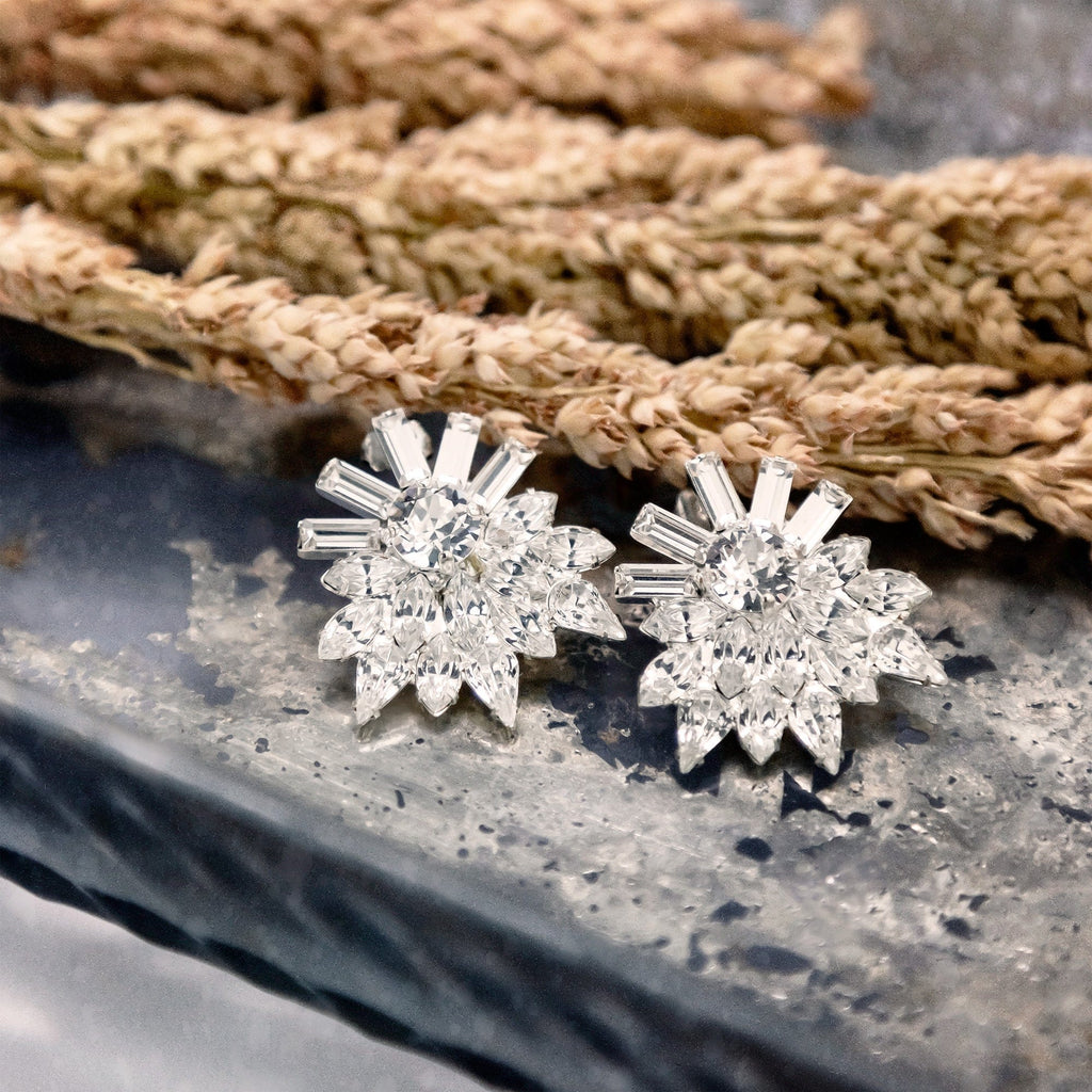 alt="e.b. jewelry studio women's starburst bridal earrings silver clear clustered swarovski crystal statement wedding earrings"