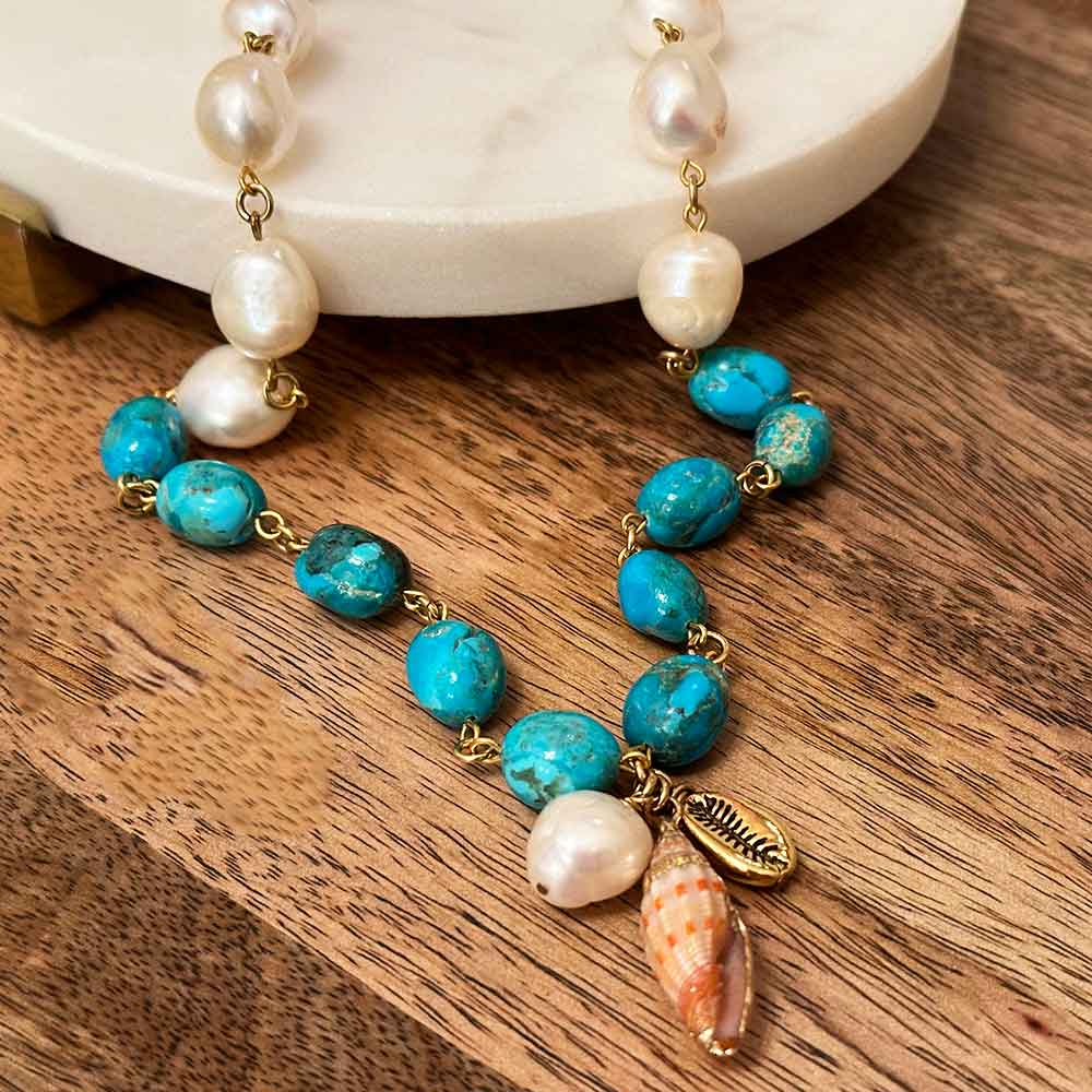 alt="Chunky Freshwater Pearls & Kingman Turquoise Shell Pendant Necklace"