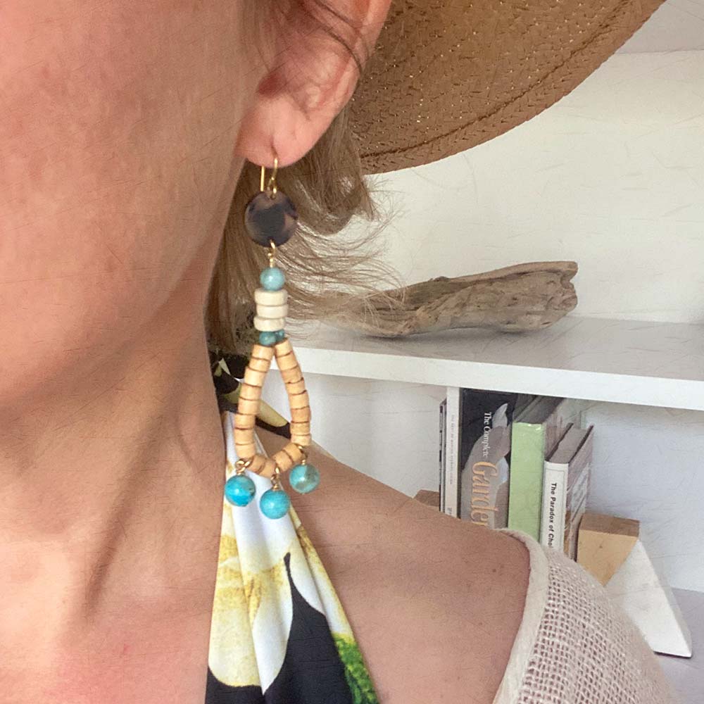 alt="Turquoise + Wood Dangle Earrings"