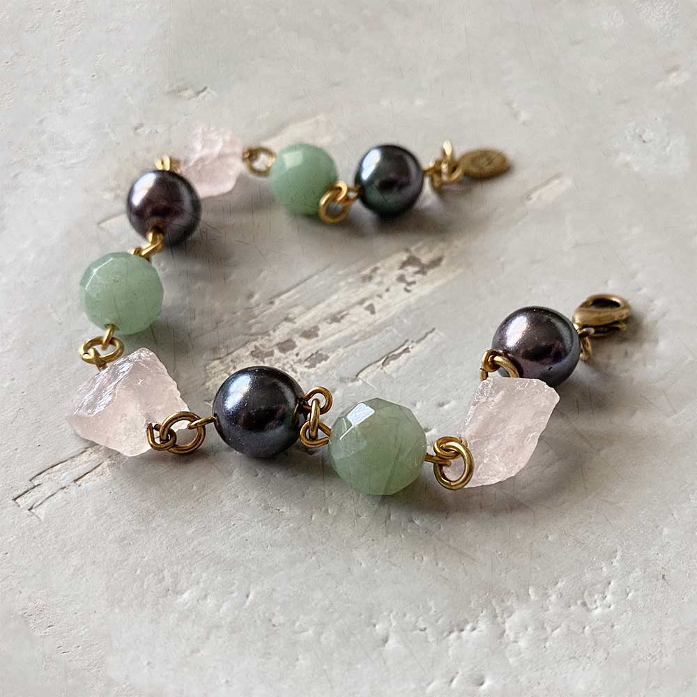 alt="E.B. Jewelry Studio Handcrafted Women's Vintage Gold Jade, Rose Quartz & Tahitian Pearl Gemstone Linked Bracelet"