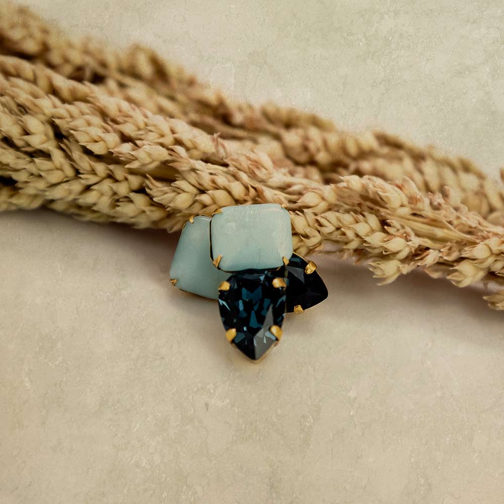 alt="E.B. Jewelry Studio Vintage Gold Blue Moonstone + Blue Swarovski Crystal Willow Stud Earrings"