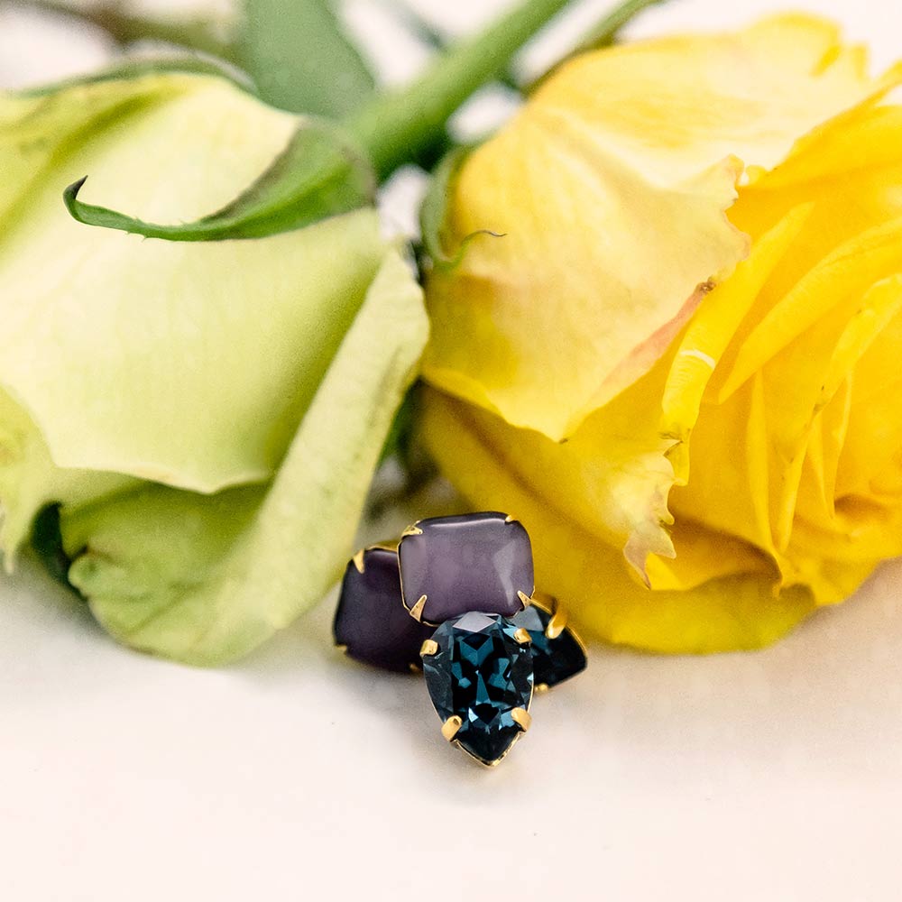 alt="E.B. Jewelry Studio Vintage Gold Purple Moonstone + Blue Swarovski Crystal Willow Stud Earrings"