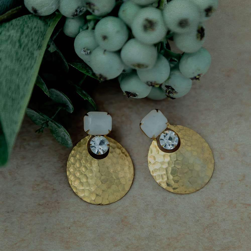 alt="E.B. Jewelry Studio Vintage Gold Women's Textured Disk Clear Swarovski Crystal White Moonstone Clara Stud Earring"