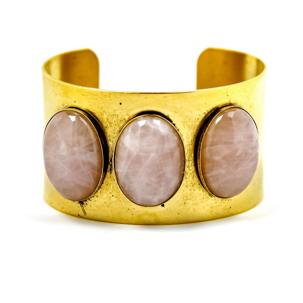 alt="Rose Quartz Gemstone Gold Cuff Bracelet"