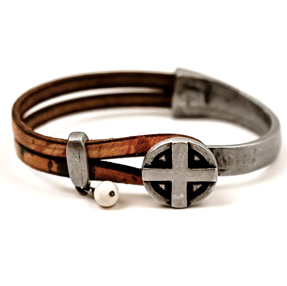 alt="Silvertone Leather Cross Cuff Bracelet"