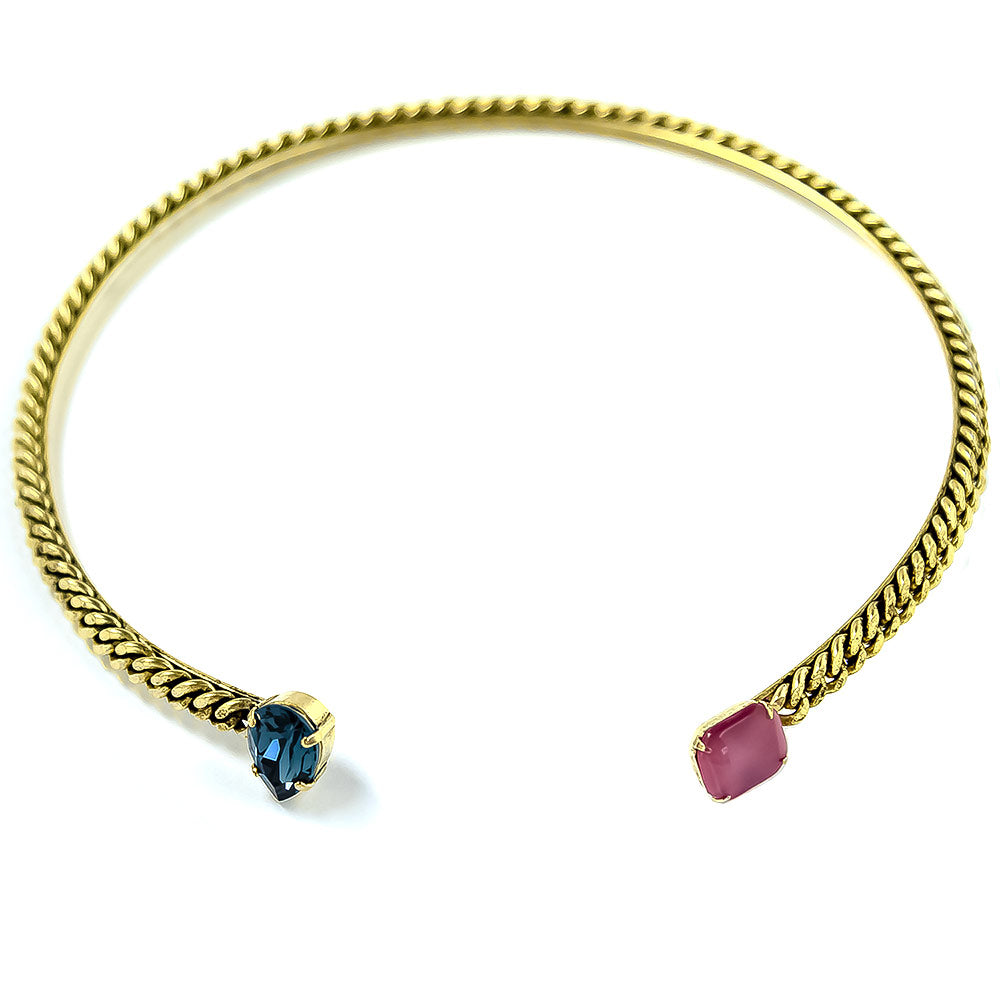 alt="E.B. Jewelry Studio Gold Chain Blue Swarovski Crystal and Pink Moonstone Women's Handcrafted Jewelry Collar Necklace"