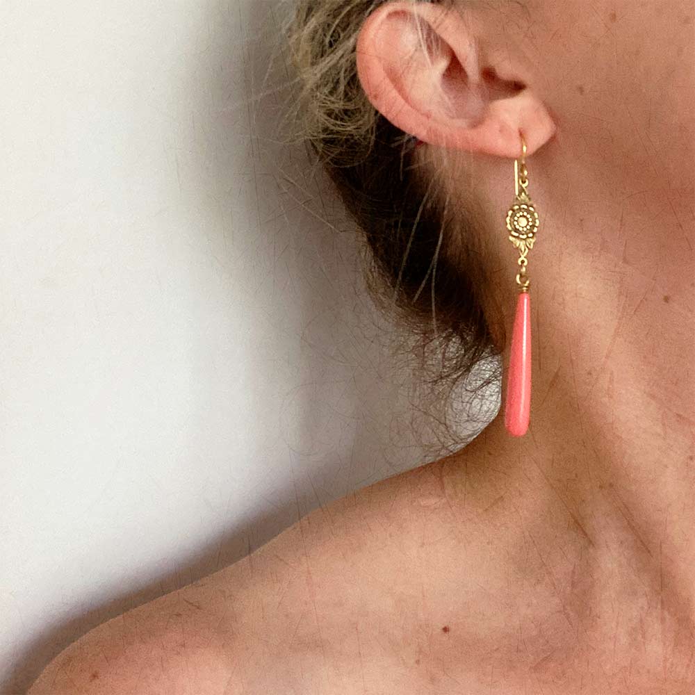 alt="E.B. Jewelry Studio Women's Handcrafted Vintage Gold Coral Gemstone Coraline Dangle Earrings"