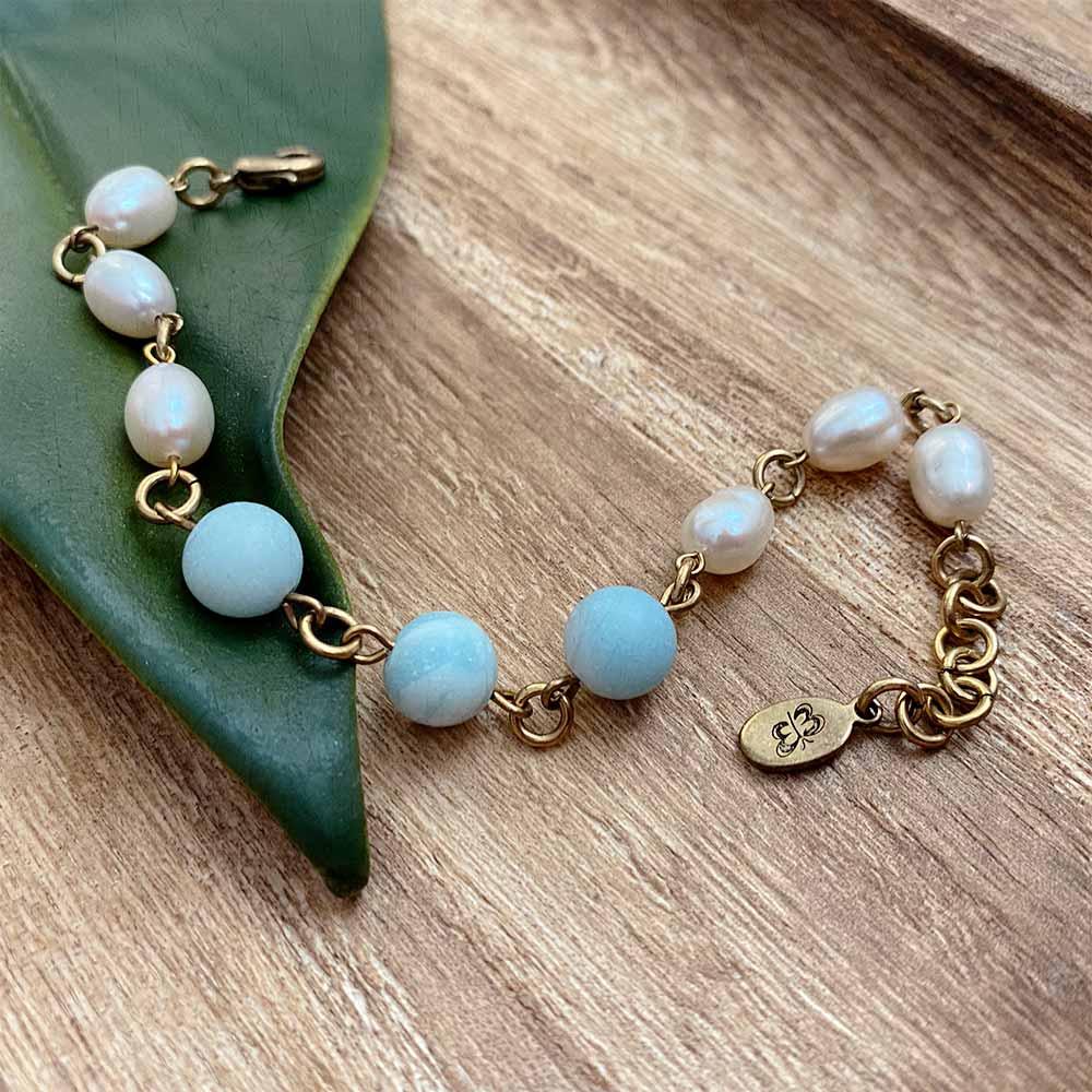 alt="E.B. Jewelry Studio Women's Handcrafted Vintage Gold Amazonite and White Freshwater Pearls Chain Linked Bracelet"