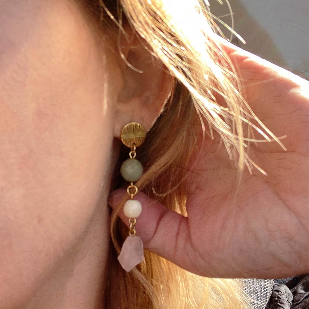 alt="E.B. Jewelry Studio Women's Handcrafted Vintage Gold Bone, Jade & Rose Quartz Mix Gemstone Hadley Earrings"