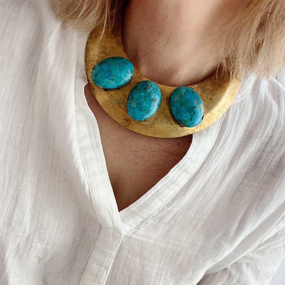 alt="E.B. Jewelry Studio Women's Handcrafted Vintage Gold Three Oval Large Genuine Turquoise Luna Collar Necklace"
