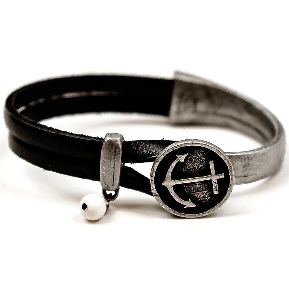 alt="Silvertone Leather Anchor Cuff Bracelet"