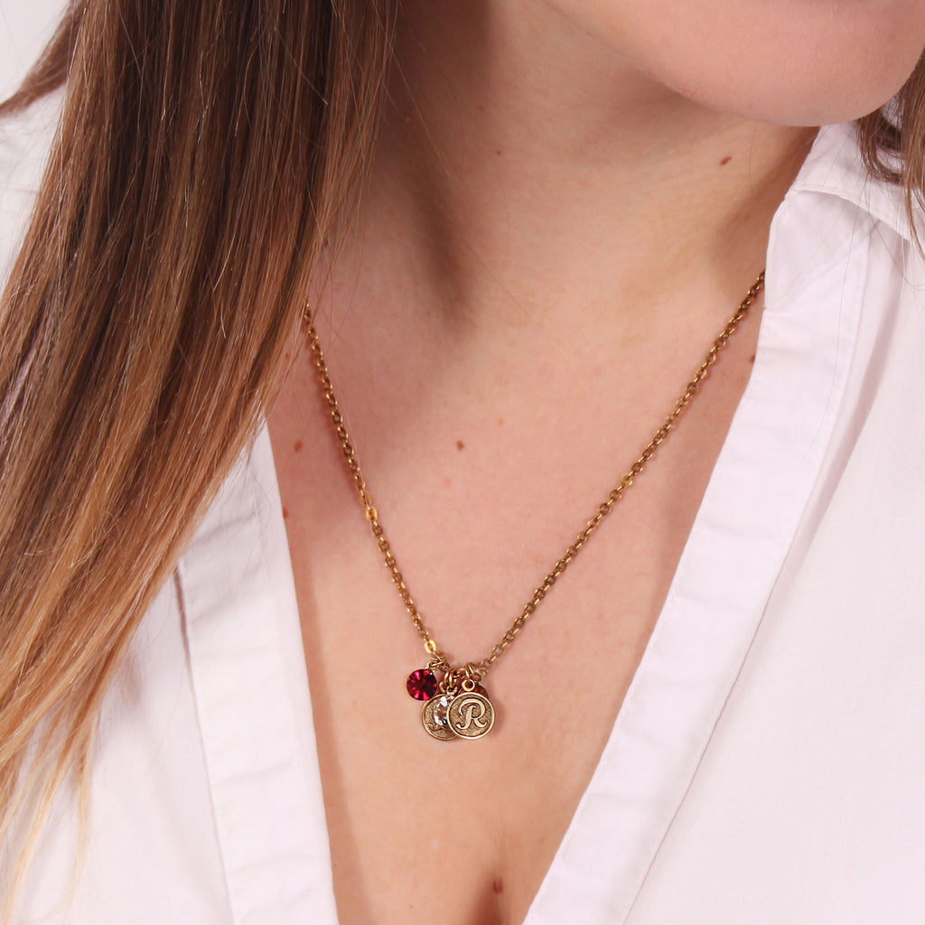 alt="E.B. Jewelry Studio Women's Handcrafted Vintage Gold Monogram + Birthstone Jewelry Necklace"